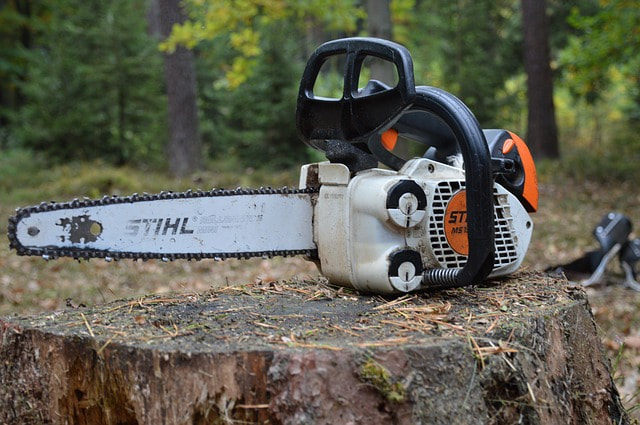 chainsaw resting on top of a log in the woods of Fishers